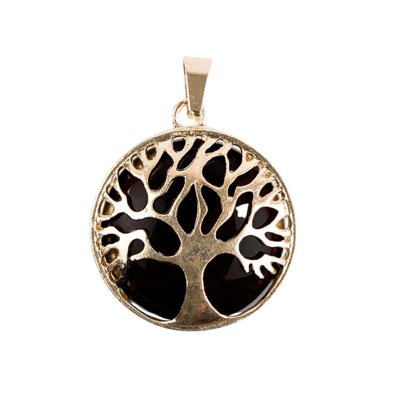 Pendentif arbre de vie metal couleur doree fond pierre Ø 2,7 cm. Livre en boite.
