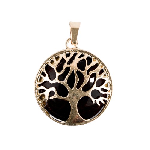 Pendentif arbre de vie metal couleur doree fond pierre Ø 2,7 cm. Livre en boite.