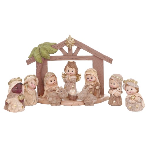 Creche enfantine avec 10 personnages et cabane, H. 5.8 cm.