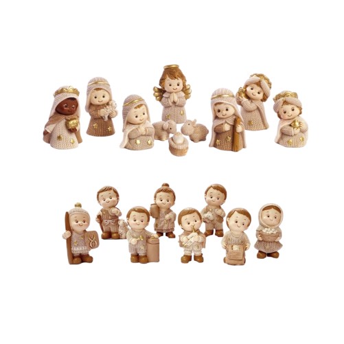 Crèche enfantine de couleur beige avec 18 personnages, H. 5.8 cm (composé des références 23538 et 23002 )