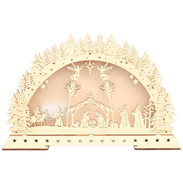 Crèche décor hiver en bois avec lumière (piles non fournies) 42 x H 26,50 cm.