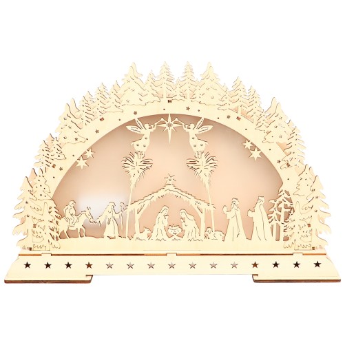 Crèche décor hiver en bois avec lumière (piles non fournies) 42 x H 26,50 cm.