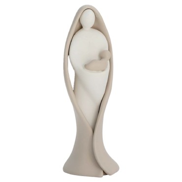 Vierge à l' enfant moderne en résine peinte a la main couleur beige et blanche - H. 14 cm