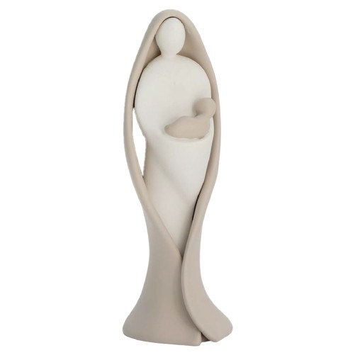 Vierge à l' enfant moderne en résine peinte a la main couleur beige et blanche - H. 14 cm