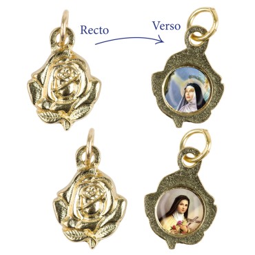 Médaille métal couleur dorée forme rose Ø 1.4 cm avec une résine. Plusieurs saints.