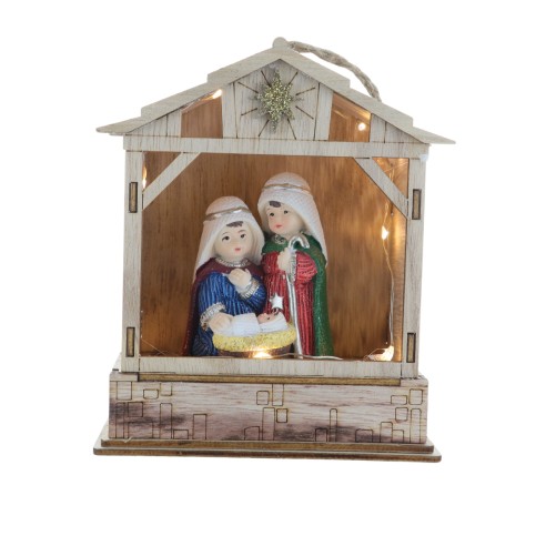 Nativité lumineuse en résine avec cabane bois à poser ou à suspendre H. 14.3 cm