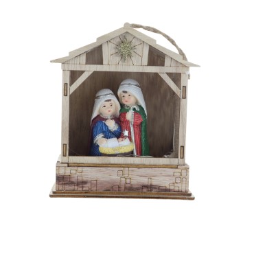 Nativité lumineuse en résine avec cabane bois à poser ou à suspendre H. 14.3 cm
