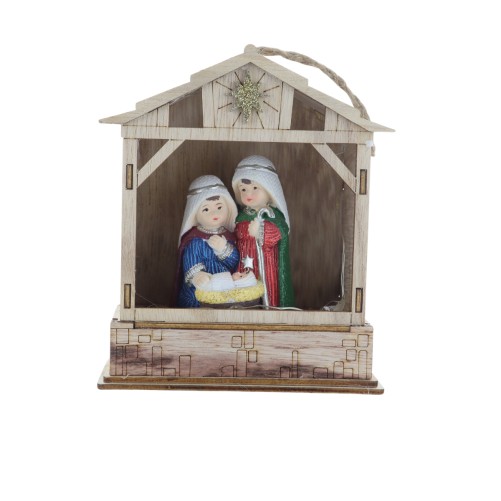 Nativité lumineuse en résine avec cabane bois à poser ou à suspendre H. 14.3 cm