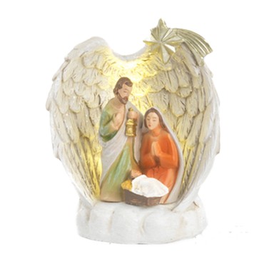 Nativite en resine dans ailes d ange avec lumiere LED H. 9.3 cm - L. 7.2 cm