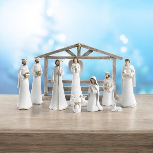 Creche en resine de 11 personnages avec cabane H. 19.5 - 26 cm - L. 36 cm