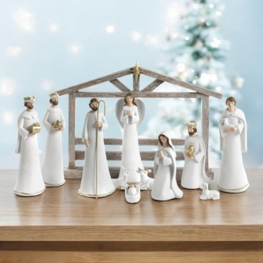 Creche en resine de 11 personnages avec cabane H. 19.5 - 26 cm - L. 36 cm