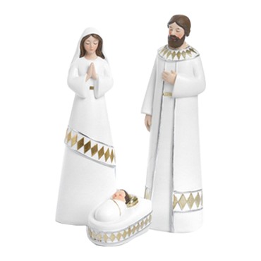Nativité 3 pièces en résine blanche et couleur or peinte à la main H. 17.4 cm