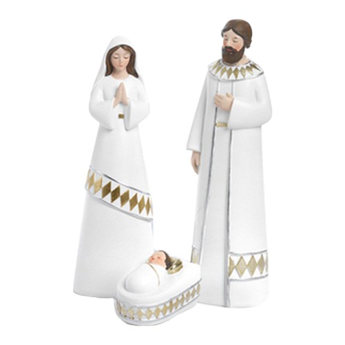 Nativité 3 pièces en résine blanche et couleur or peinte à la main H. 17.4 cm
