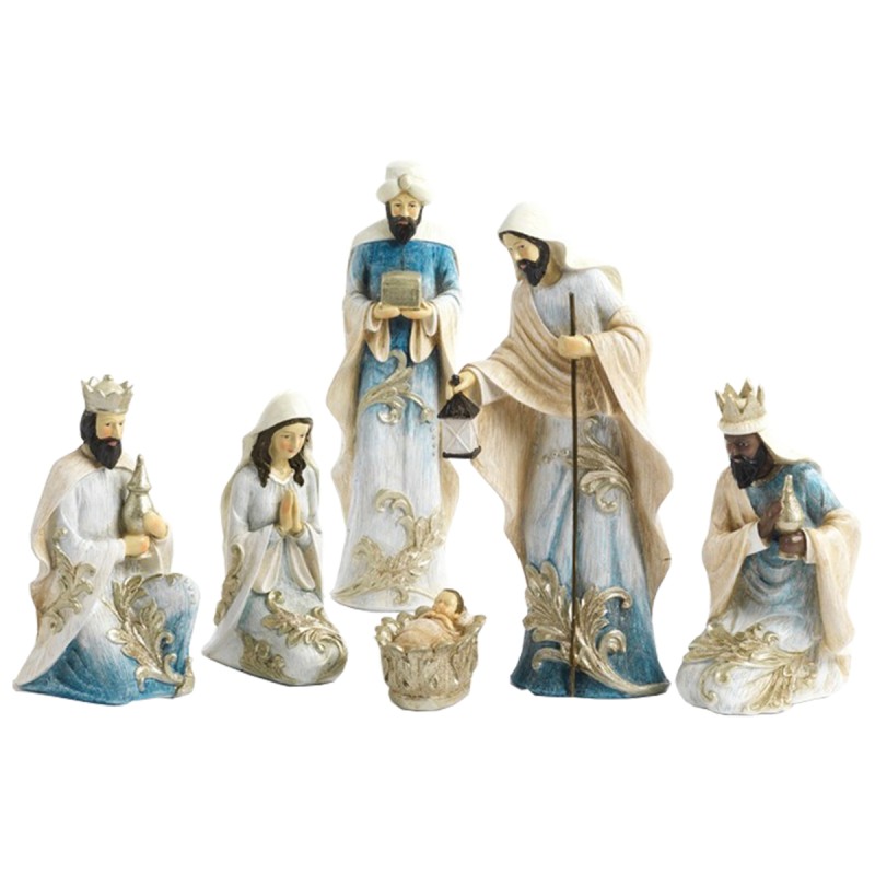 Creche 6 personnages en resine peinte a la main couleur argent brillant H. 24.4 cm