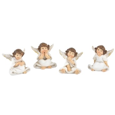 Assortiment d anges assis en resine couleur blanc et or H. 4,3 cm - LOT DE 4
