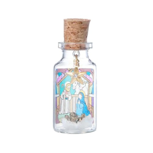 Bouteille en verre décor Nativité, étoile à strass suspendue et Jésus en métal antique. 2,6 x 6 cm.