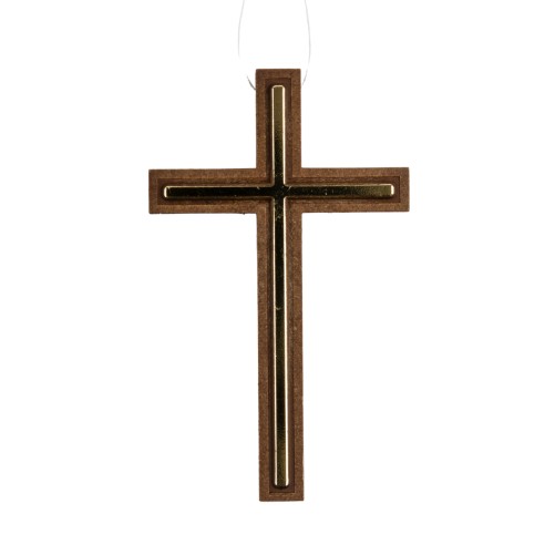Croix d aube en résine marron avec liseré couleur dorée 10 cm et lacet blanc 60 cm.