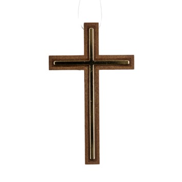 Croix d aube en résine marron avec liseré couleur dorée 10 cm et lacet blanc 60 cm.