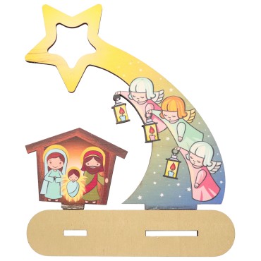 Scène de la Nativité en bois à monter soi-même, avec anges et étoiles – Hauteur : 18 cm