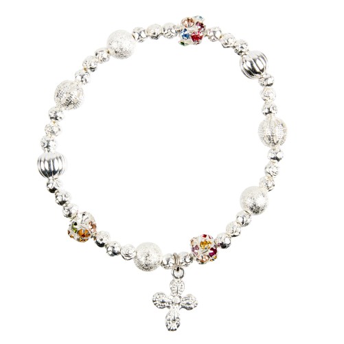 Bracelet dizainier sur élastique grains couleur argentée filigrane et strass Ø 8 mm, avec croix.