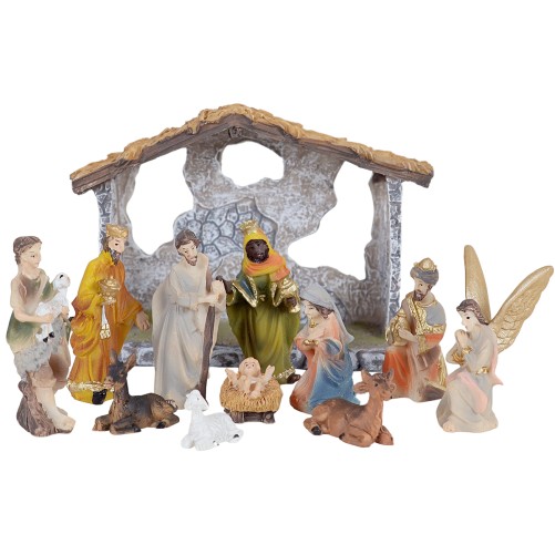 Crèche en résine peinte à la main de 11 personnages H. 5.3 cm + cabane H. 8.5 cm.