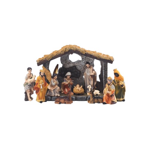 Crèche en résine peinte à la main de 11 personnages H. 5.3 cm + cabane H. 8.5 cm.