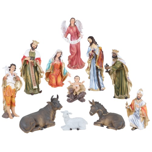 Creche en resine polychrome peinte a la main de 11 personnages H. 45 cm.