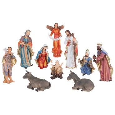 Creche en resine polychrome peinte a la main de 11 personnages H. 45 cm.