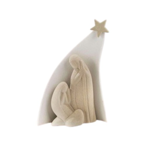 Sainte Famille moderne en porcelaine sur support cabane avec étoile H. 18 cm