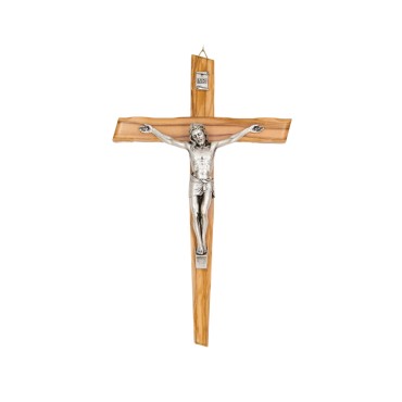 Crucifix en bois d´olivier biseaute avec christ métal couleur argentée - H. 20 cm.