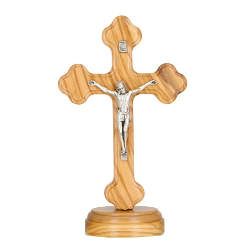 Crucifix baroque orthodoxe en bois d´olivier de Terre sainte sur socle avec Christ métal H. 15 cm.