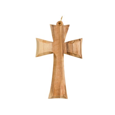 Croix d aube en bois d olivier de Terre Sainte bords biseautes 8 cm, anneau couleur doree