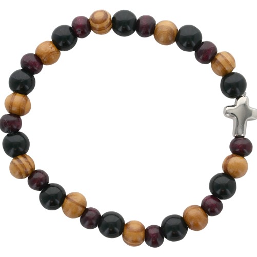 Bracelet dizainier sur élastique, grains en bois multicolores Ø 8 mm croix métal.