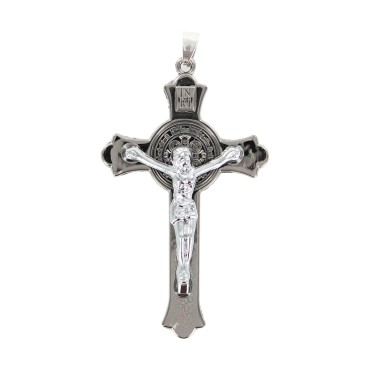 Croix de saint Benoit anthracite avec Christ en metal couleur argentee, hauteur 7,5 cm.