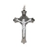 Croix de saint Benoit anthracite avec Christ en metal couleur argentee, hauteur 7,5 cm.