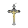 Croix de saint Benoit en metal couleur argentee avec Christ couleur doree, hauteur 7,5 cm.