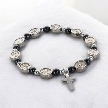Bracelet élastique avec médaille de l’Esprit Saint et grains en hématite.