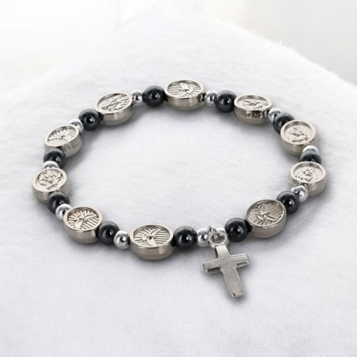 Bracelet élastique avec médaille de l’Esprit Saint et grains en hématite.