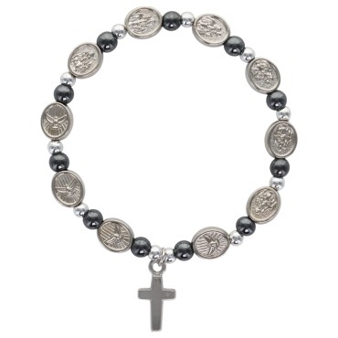Bracelet élastique avec médaille de l’Esprit Saint et grains en hématite.