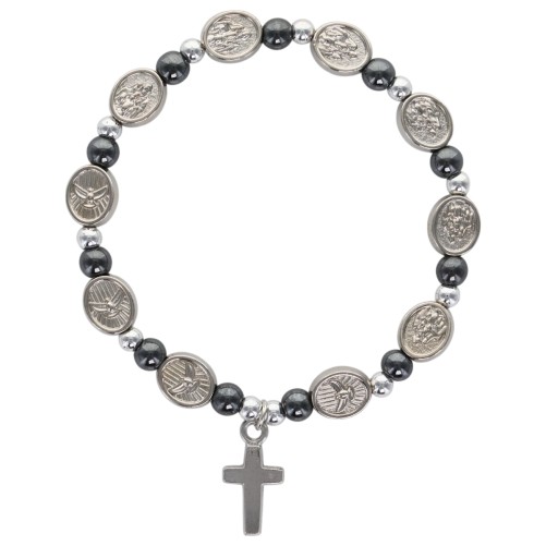 Bracelet élastique avec médaille de l’Esprit Saint et grains en hématite.