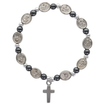Bracelet élastique avec médaille de l’Esprit Saint et grains en hématite.