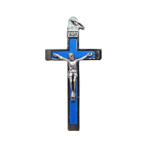 Croix de cou en métal couleur argentée emmaillé avec Christ H. 4.5 cm. Plusieurs couleurs.