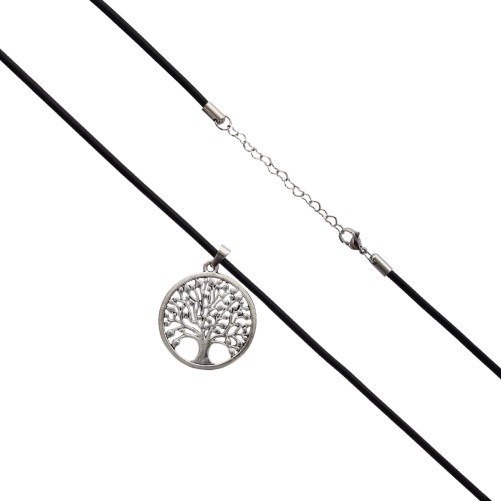 Collier avec cordon cuir noir L. 45 cm avec chaine reglable et fermoir homard, pendentif arbre de vie.