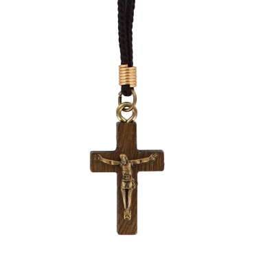 Croix de cou épaisse en bois avec Christ métal H.3 cm, cordon marron.