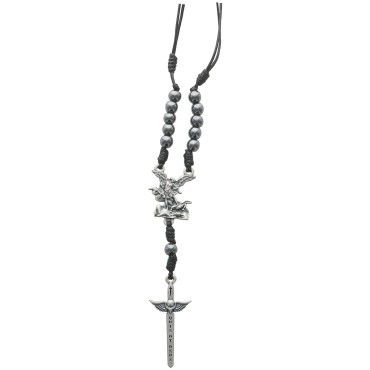 Collier dizainier réglable avec cordon noir, grains en hématite, cœur Saint Michel et pendentif épée de Saint Michel.