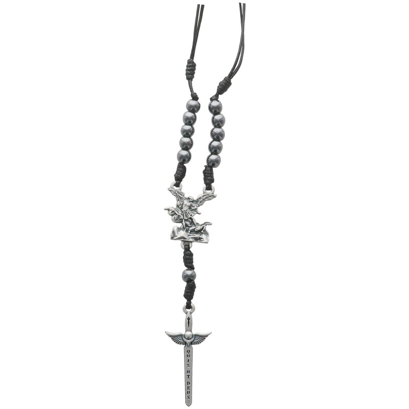 Collier dizainier réglable avec cordon noir, grains en hématite, cœur Saint Michel et pendentif épée de Saint Michel.