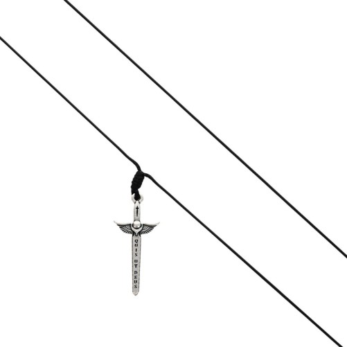 Collier cordon noir- pendentif -eacute-p-eacute-e de saint Michel couleur argent-eacute-e- H 4 cm-