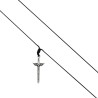 Collier cordon noir, pendentif épée de saint Michel couleur argentée, H 4 cm.