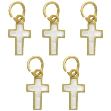 Croix de cou, petit modele, couleur doree et interieur couleur blanc nacre, H. 1,2 cm. LOT DE 5