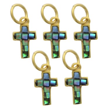 Croix de cou, petit modele, couleur doree et interieur couleur bleu/vert nacre, H. 1,2 cm. LOT DE 5